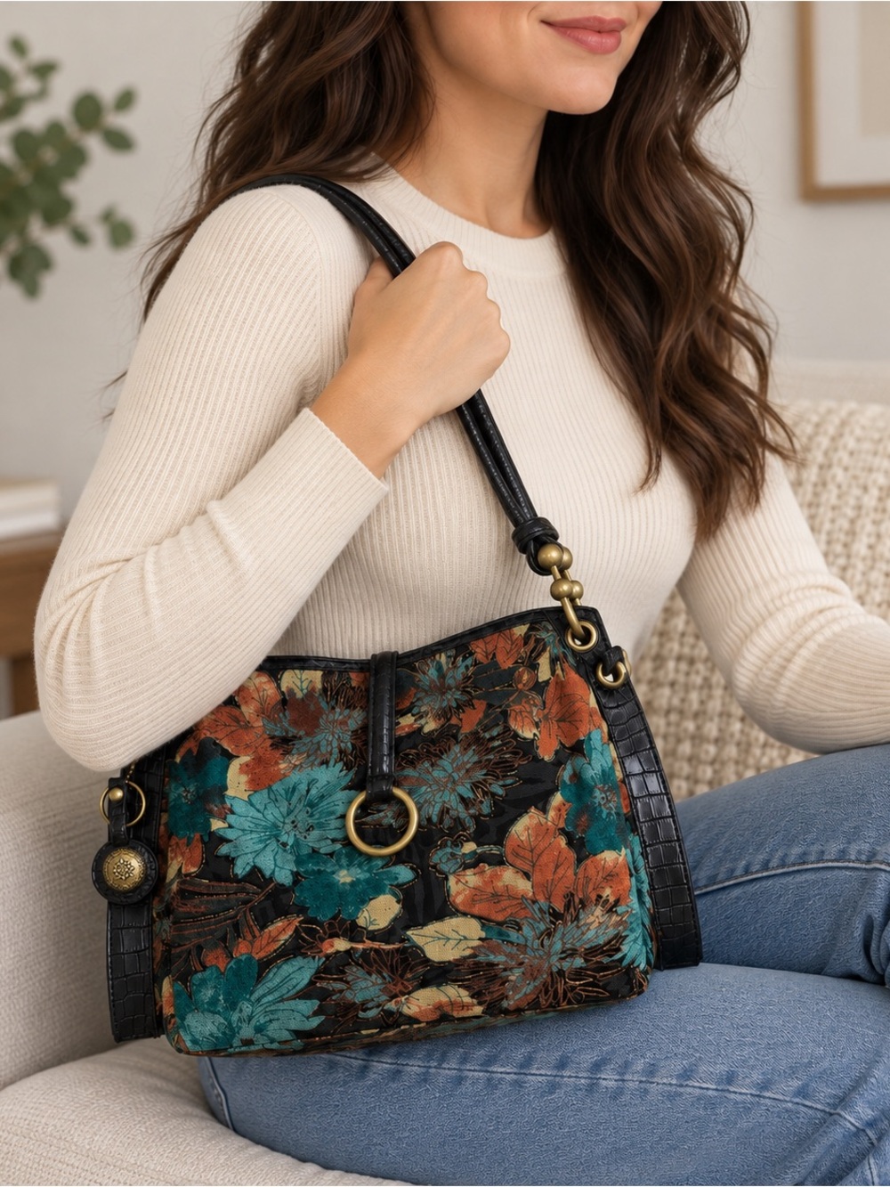 Vintage Floral Tapestry Shoulder Bag Black Croc Trim Brass Hardware